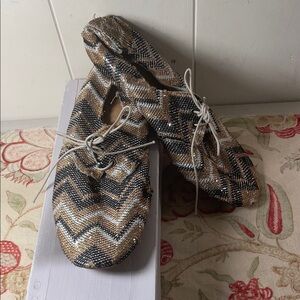 Anniel Ballet Derby Black and Gold Chevron Glitter Ballet Lace Up Flats